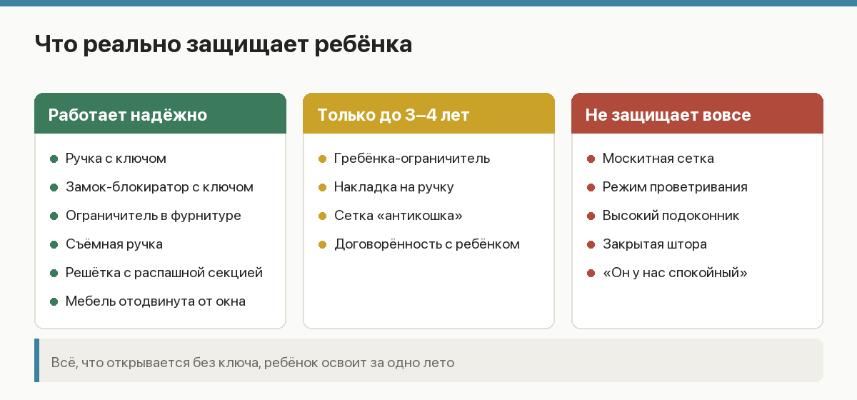 Сравнение уровней защиты окна: ограничитель, гребёнка, замок с ключом, блокиратор ручки, решётка