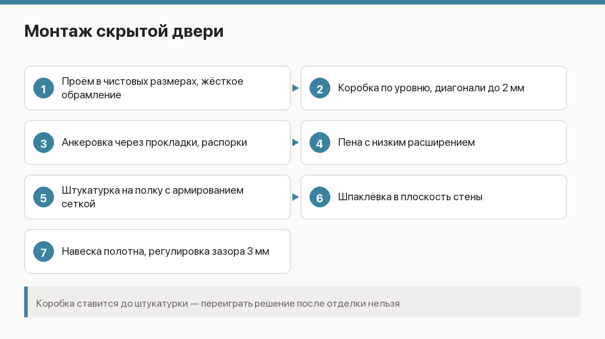 Схема монтажа скрытой двери: проём, алюминиевая коробка, штукатурка по полке, шпаклёвка, покраска