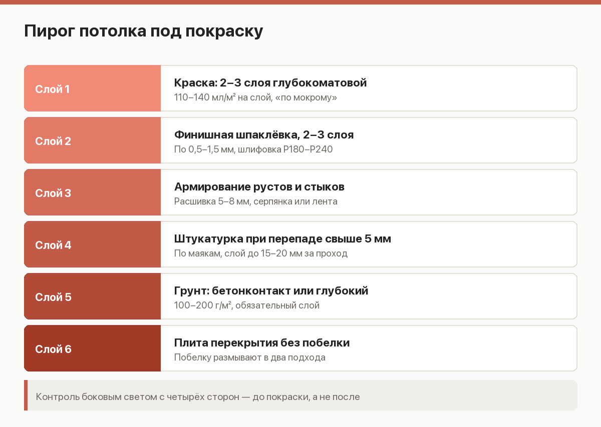 Схема слоёв потолка под покраску: бетон, грунт, штукатурка, армирование руста, шпаклёвка, краска